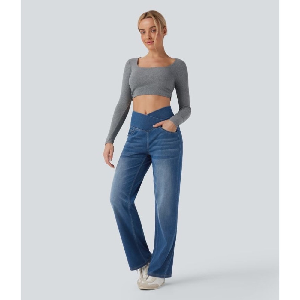 NWT Halara Flex Denim High Waisted Crossover Straight Leg Pants Size Small